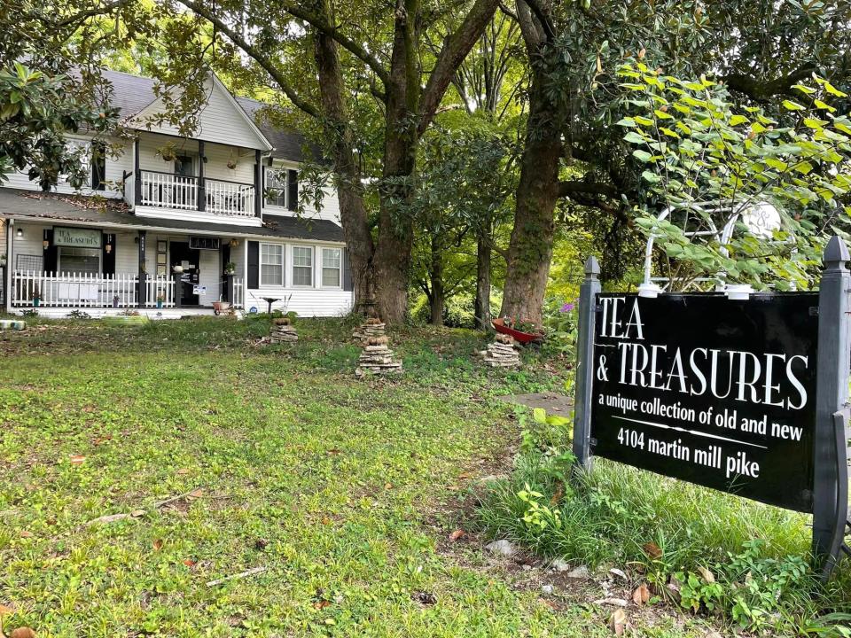 Tea & Treasures is a shop that sells tea, arts and crafts and vintage items at 4104 W. Martin Mill Pike. They host a Second Saturday Marketplace every month from April through October.