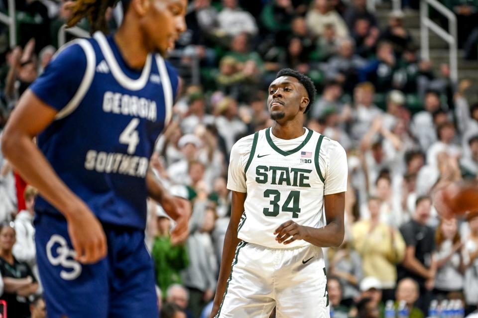 Michigan State's Xavier Booker reacts after making a 3-pointer against Georgia Southern during the second half on Tuesday, Nov. 28, 2023, at the Breslin Center in East Lansing.