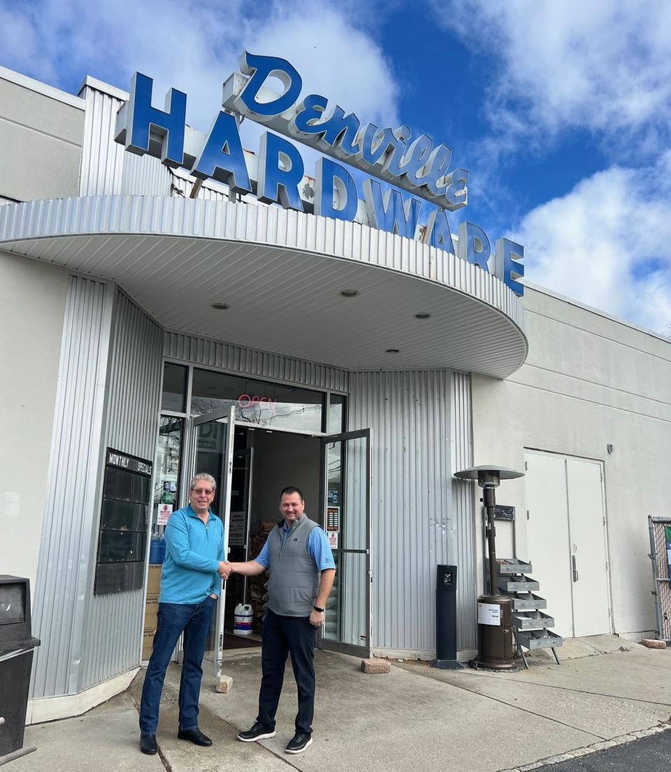 Howard Levine, left, at Denville Hardware, with Eric Ricciardi, whose Ricciardi Brothers family business recently purchased the 77-year-old business from Levine