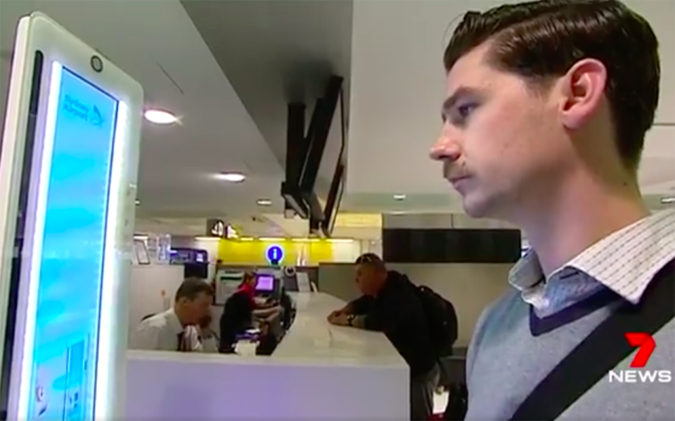 Facial recognition bag drop kiosks are being trialled at Sydney Airport. Source: 7 News