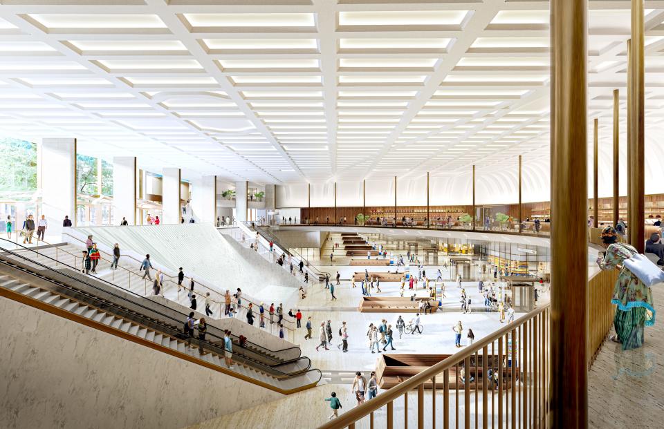 A rendering of New York Penn Station inside the Eighth Avenue entrance, based on designs by architecture firm ASTM North America.