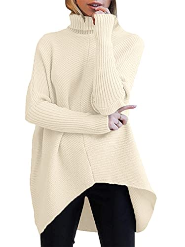 ANRABESS Womens Turtleneck Ribbed Knit Pullover Sweaters Batwing Long Sleeve Asymmetric Hem Casual Ladies Sweater Top A87kaqi-M Apricot