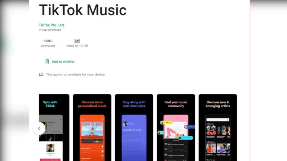 搶攻音樂串流服務，TikTok率先在澳洲、新加坡與墨西哥推出。（圖／翻攝自GooglePlay網站）