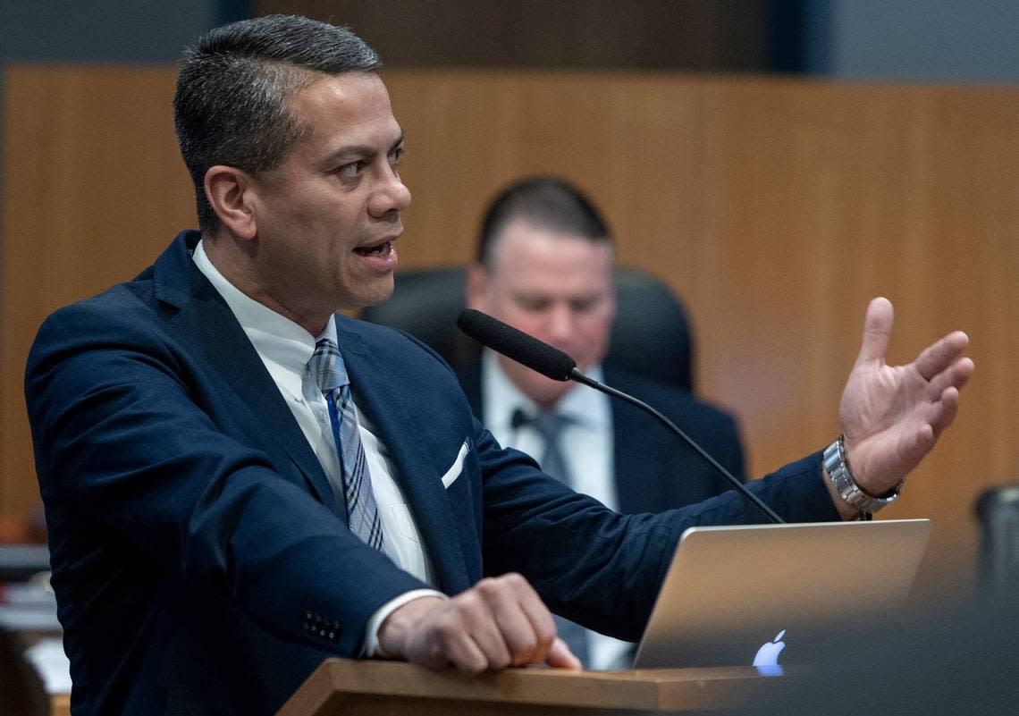 District 2 candidate James Torres peaks to Miami commissioners during a meeting at city hall on January 12, 2023.