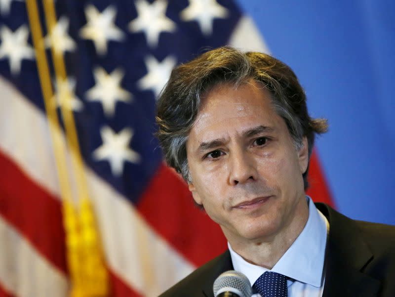 FILE PHOTO: U.S. Deputy Secretary of State Antony Blinken listens to journalists' questions during a news conference, at a hotel in Mexico City