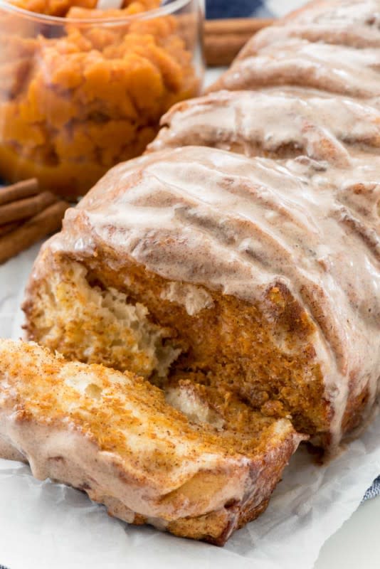 <p>Crazy For Crust</p><p>Pumpkin pull-apart loaf is a flaky breakfast danish that you bake up easily, using refrigerated biscuit dough and pumpkin puree. </p><p><strong>Get the recipe: <em><a href="https://www.crazyforcrust.com/pumpkin-pull-apart-loaf/" rel="nofollow noopener" target="_blank" data-ylk="slk:Pumpkin Pull Apart Loaf;elm:context_link;itc:0;sec:content-canvas" class="link rapid-noclick-resp">Pumpkin Pull Apart Loaf</a></em></strong></p><p><strong>Related: <a href="https://parade.com/842776/pambeth/copycat-starbucks-pumpkin-frappuccino/" rel="nofollow noopener" target="_blank" data-ylk="slk:This Copycat Starbucks Pumpkin Frappuccino is Basically Fall in a Glass;elm:context_link;itc:0;sec:content-canvas" class="link rapid-noclick-resp">This Copycat Starbucks Pumpkin Frappuccino is Basically Fall in a Glass</a></strong></p>