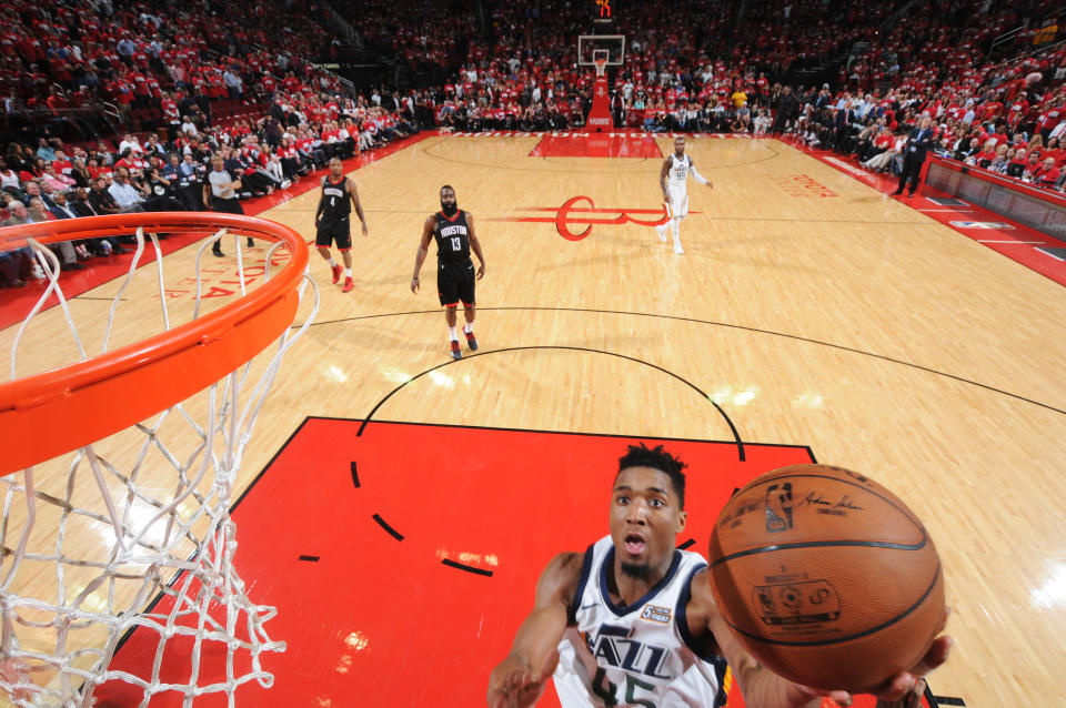 Donovan Mitchell and the Jazz hit the gas late and left James Harden and the Rockets wondering what hit them in Game 2. (Getty)