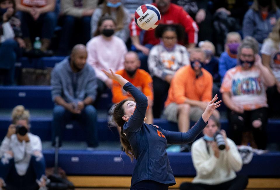 Rochester's Ellie Gegen (13) sends a hit over the net against Normal West during the Class 3A Sectional Championship at the Rochester Athletic Complex in Rochester, Ill., Wednesday, November 3, 2021. [Justin L. Fowler/The State Journal-Register] 