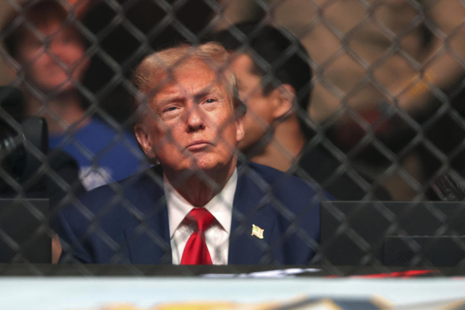 Republican presidential candidate and former President Donald Trump watches the UFC 296 mixed martial arts event Saturday, Dec. 16, 2023, in Las Vegas. (Steve Marcus/Las Vegas Sun via AP)