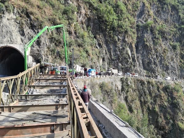 Visual of the construction of Bailey Bridge at Kela Morh in Ramban on Jammu-Srinagar highway (Photo/ANI)