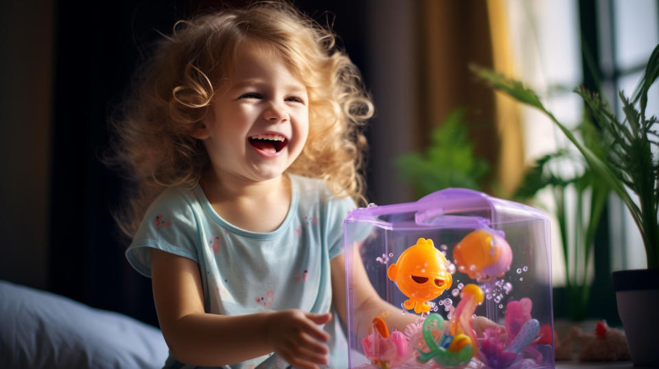 A child with a wide smile playing with the latest interactive toy.