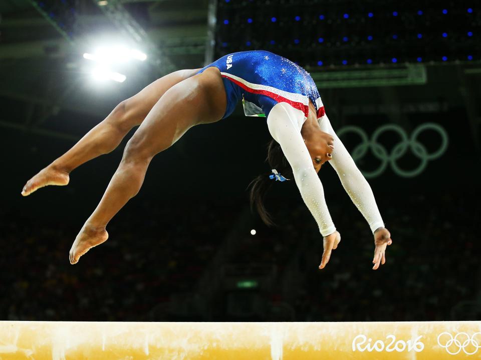 Simone Biles on balance beam at the 2016 Rio Olympics