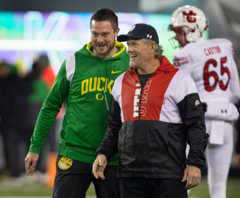 Oregon coach Dan Lanning, left, and Utah coach Kyle Whittingham will square off in a game that matches two highly ranked teams.