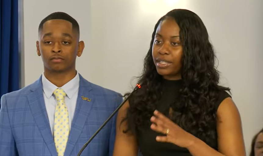 Chrishonda O'Quinn, Tennessee State University Student Government Association Vice President, speaks during a Board of Trustees meeting on Thursday, Nov. 16, 2023, as SGA President Derrell Taylor, left, listens.