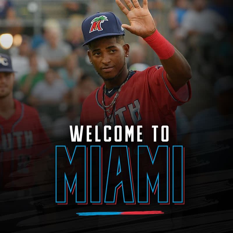 Lewin Diaz在馬林魚升上MLB。（資料照／取自邁阿密馬林魚FB）