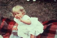 <p>Diana hangs out on a picnic blanket on her first birthday at Park House, Sandringham. </p>