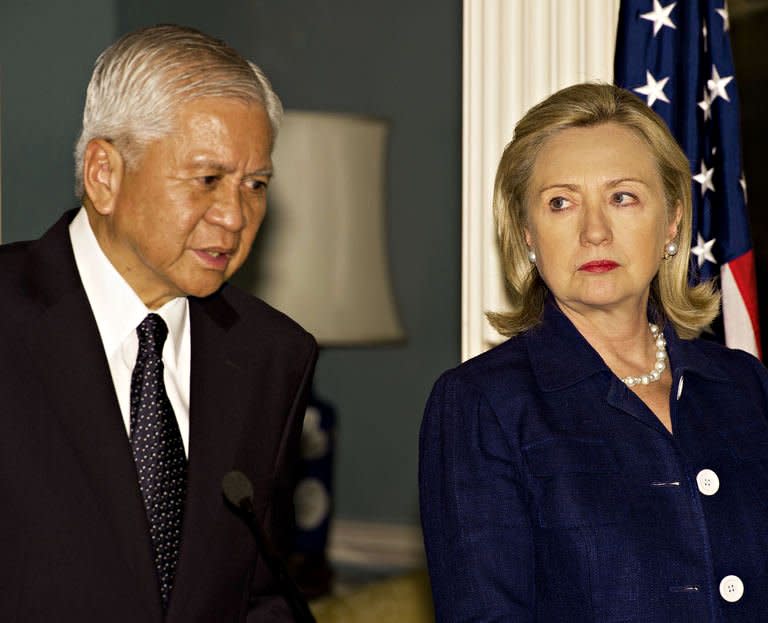 US Secretary of State Hillary Clinton and Philippines Foreign Minister Albert del Rosario (L) speak during a media briefing following their private bilateral meeting at the Department of State in Washington, DC. The US said it was ready to provide hardware to modernize the military of the Philippines, which vowed to "stand up to aggressive action" amid rising tension at sea with China