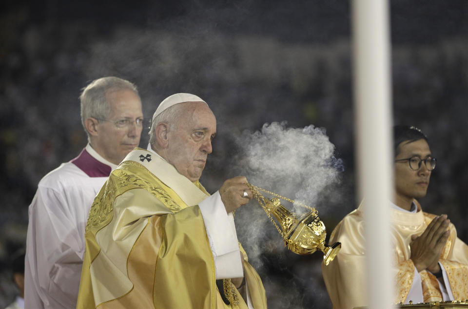 Pope Francis celebrates a Mass at the National Stadium, Thursday, Nov. 21, 2019, in Bangkok, Thailand. (AP Photo/Gregorio Borgia)