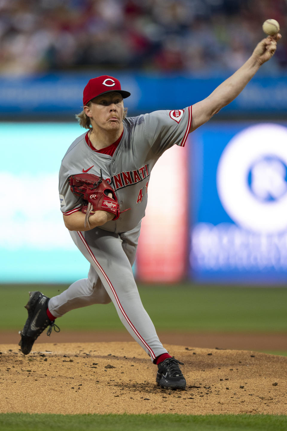 Cincinnati Reds starting pitcher Andrew Abbott delivers during the first inning of a baseball game against the Philadelphia Phillies, Monday, April 1, 2024, in Philadelphia. (AP Photo/Chris Szagola)