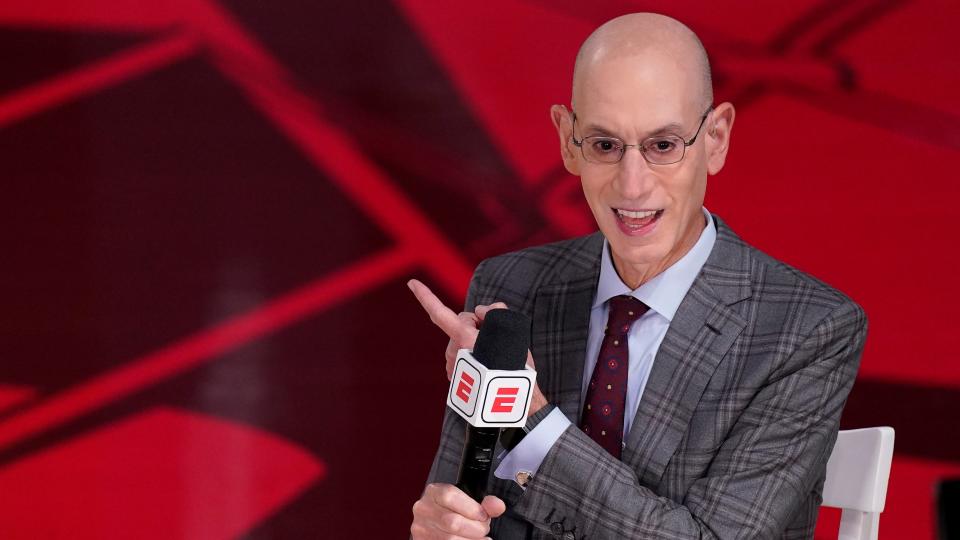 NBA Commissioner Adam Silver does an interview before Game 3 of basketball's NBA Finals, Sunday, Oct. 4, 2020, in Lake Buena Vista, Fla. (AP Photo/Mark J. Terrill).