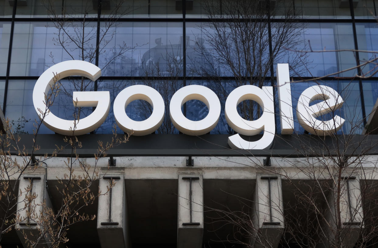 NEW YORK, NY - MARCH 31: A Google corporate logo hangs above the entrance to their office at St. John's Terminal on March 31, 2024, in New York City.  (Photo by Gary Hershorn/Getty Images)