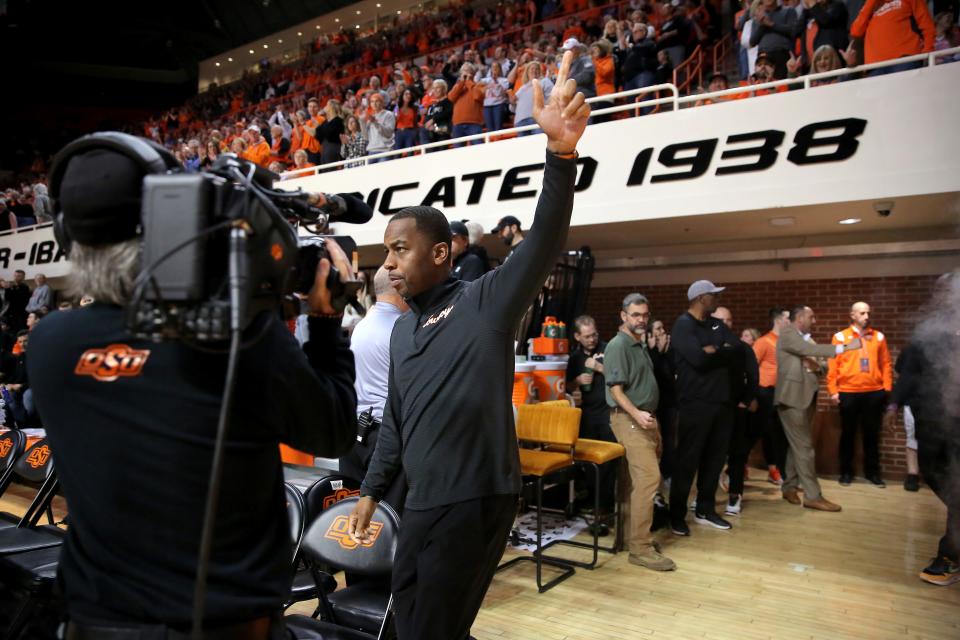 Oklahoma State Cowboys head coach Mike Boynton is introduced before a men's college basketball game between the Oklahoma State University Cowboys and the Kansas Jayhawks at Gallagher-Iba Arena in Stillwater, Okla., Tuesday, Feb. 14, 2023. 