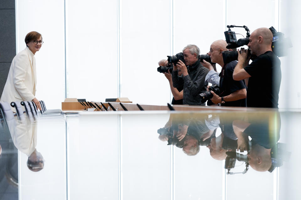 Germany's Science Minister Bettina Stark-Watzinger, left, arrives for a news conference to present the government's new strategy for supporting research into nuclear fusion, a technology some hope will some day provide almost unlimited, clean energy, in Berlin, Germany, Thursday, June 22, 2023. (AP Photo/Markus Schreiber)