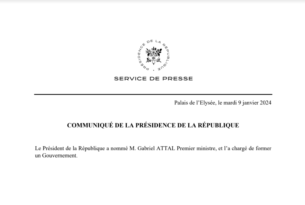 Le communiqué de l'Élysée qui officialise le nouveau Premier ministre.