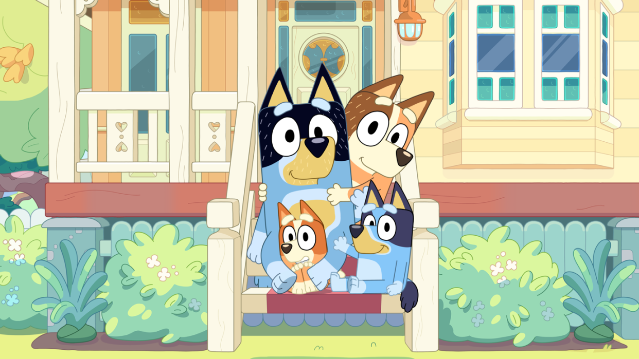 Bandit, Chilli, Bluey and Bingo in Bluey. (ABC/BBC Studios)