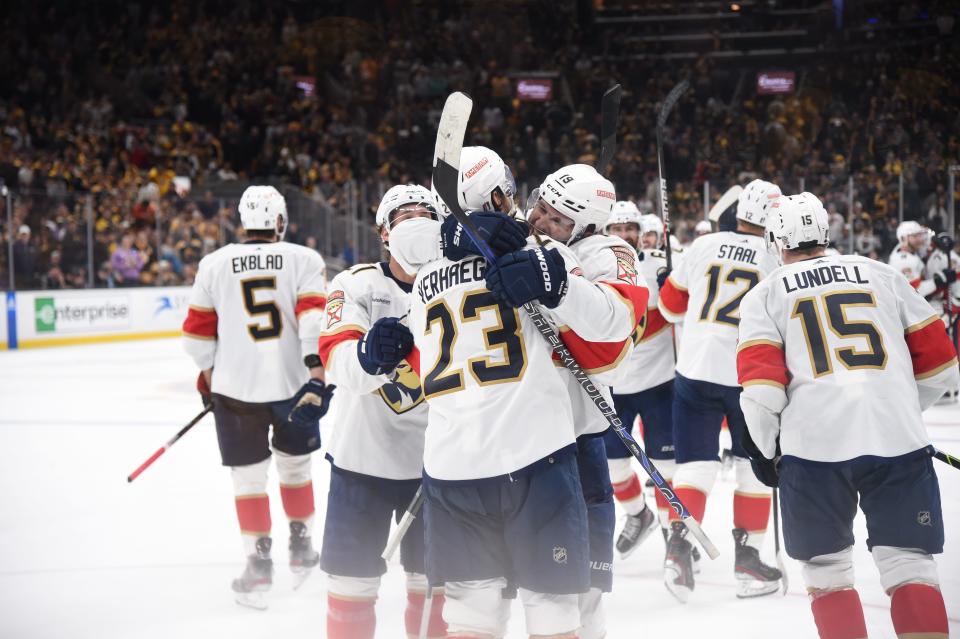 Apr 30, 2023; Boston, Massachusetts, USA; Florida Panthers left wing Matthew Tkachuk (19) hugs center Carter Verhaeghe (23) after defeating the Boston Bruins in overtime in game seven of the first round of the 2023 Stanley Cup Playoffs at TD Garden. Mandatory Credit: Bob DeChiara-USA TODAY Sports