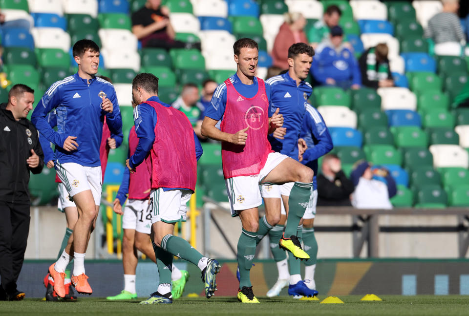 Northern Ireland&#39;s Jonny Evans (centre) during the warm up before the UEFA Nations League Group J Match at Windsor Park, Belfast. Picture date: Saturday September 24, 2022. (Photo by Liam McBurney/PA Images via Getty Images)