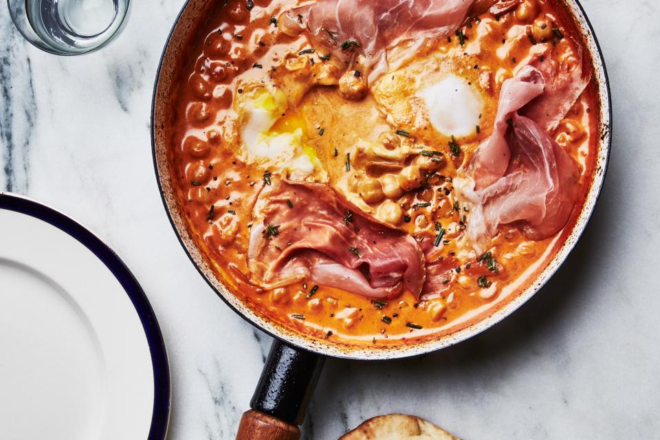 Spicy Creamy Chickpeas with Runny Eggs and Prosciutto