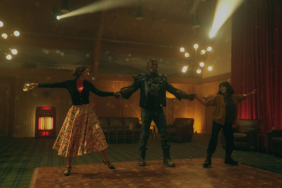 April Bowlby, Riley Shanahan and Diane Guerrero as Rita Farr, Cliff Steele and Jane in Doom Patrol Season 3. (Photo: HBO Go)