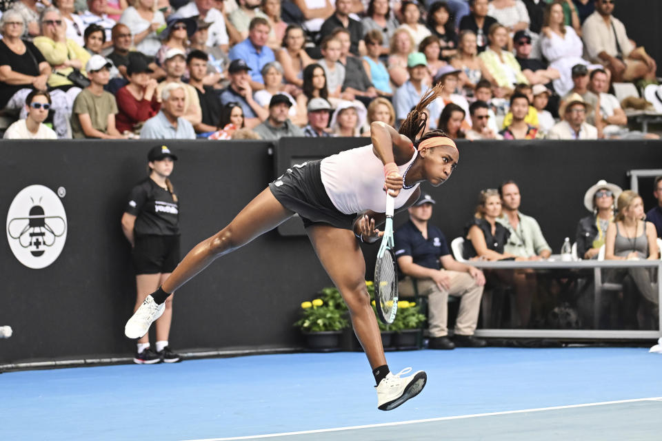 United States's Coco Gauff plays against Spain's Rebeka Masarova in the final of the ASB Classic in Auckland, New Zealand, Sunday, Jan. 8, 2023. (Andrew Cornaga/Photosport via AP)