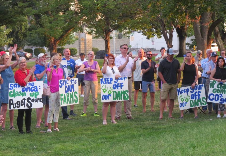 Well over 100 people rallied in August at Howard Amon Park in Richland in opposition to breaching the four lower Snake River dams in Eastern Washington.