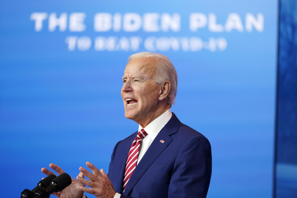 Democratic presidential candidate former Vice President Joe Biden speaks about coronavirus at The Queen theater, Friday, Oct. 23, 2020, in Wilmington, Del. (AP Photo/Andrew Harnik)