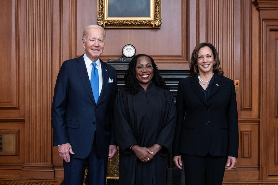 President Jose Biden, Jr., Vice President Kamala Harris, and Justice Ketanji Brown Jackson at a courtesy visit in the Justices’ Conference Room prior to the investiture ceremony on on Sept. 30, 2022. (Fred Schilling / Collection of the Supreme Court of the United States)