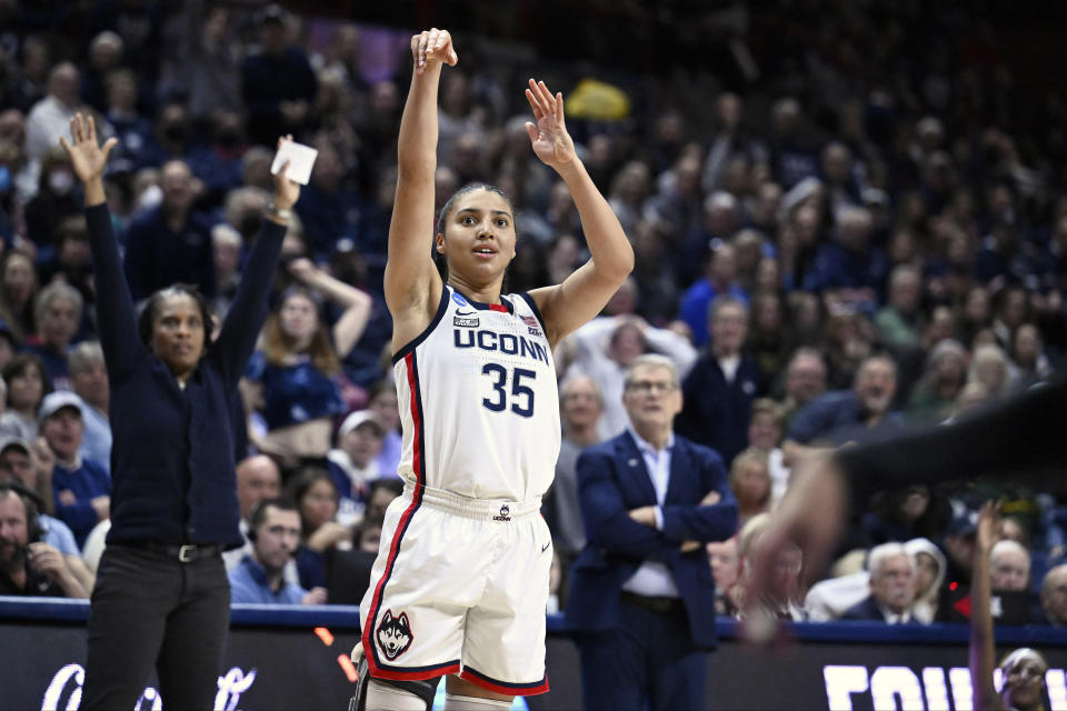 UConn's Azzi Fudd (35) watches her shot in the second half of a second-round college basketball game against Baylor in the NCAA Tournament, Monday, March 20, 2023, in Storrs, Conn. (AP Photo/Jessica Hill)