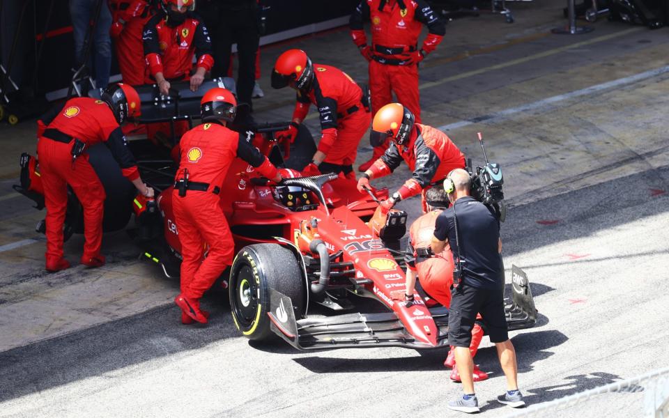  Charles Leclerc of Monaco driving the (16) Ferrari F1-75 retires from the race during the F1 Grand Prix of Spain at Circuit de Barcelona-Catalunya on May 22, 2022  - Dan Istitene/Formula 1 via Getty Images