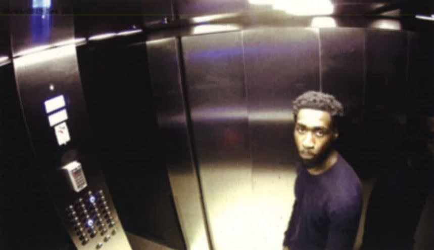 CCTV shows Joel Osei in the lift as he arrived at Adrian Murphy's flat. (PA/CPS)