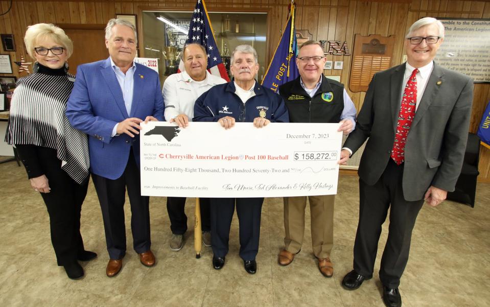 A big check for the Cherryville American Legion Post 100 Baseball at the American Legion on Pink Street in Cherryville Thursday morning, Dec. 7, 2023, during funding event for Fraley Field.