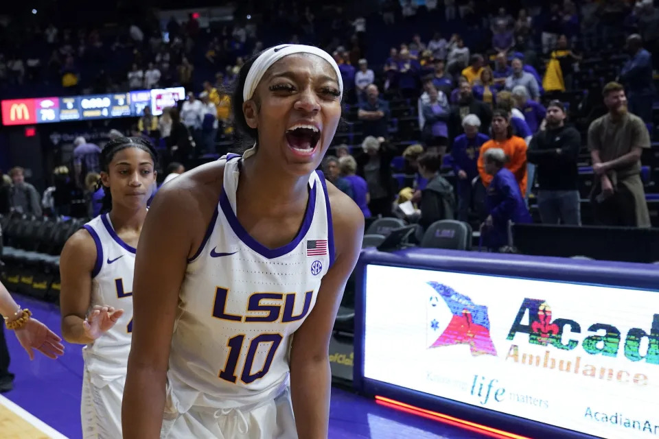 LSU forward Angel Reese (10) reacts after defeating Arkansas in an NCAA college basketball game in Baton Rouge, La., Thursday, Jan. 19, 2023. LSU won 79-76. (AP Photo/Gerald Herbert)