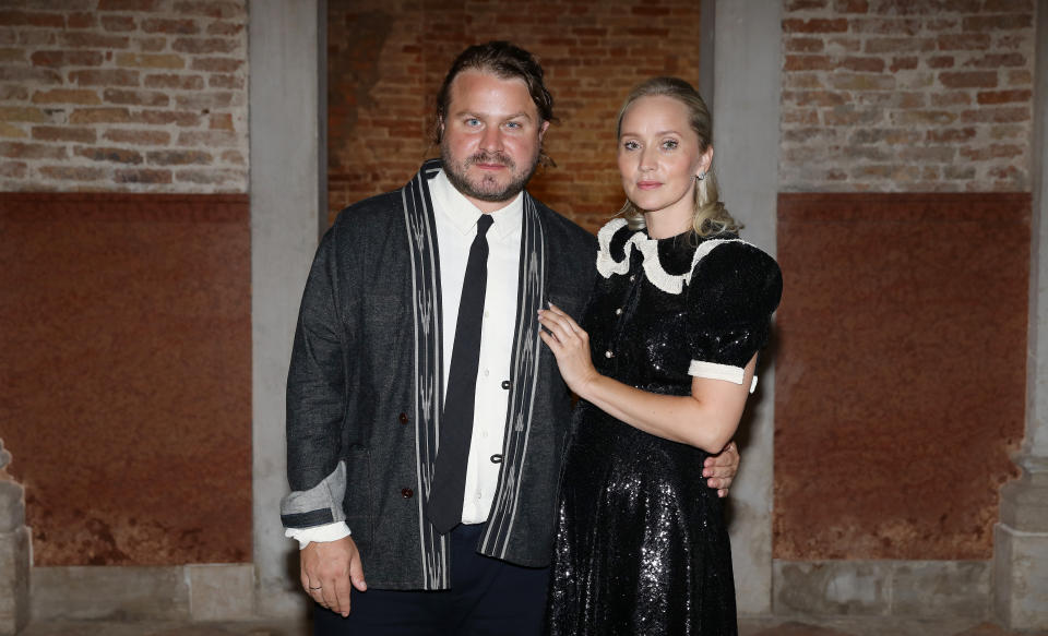 VENICE, ITALY - SEPTEMBER 04: Brady Corbet and Mona Fastvold attend Miu Miu Women's Tales Dinner during 78 Venice Film Festival on September 04, 2021 in Venice, Italy. (Photo by Marc Piasecki/Getty Images for Miu Miu)