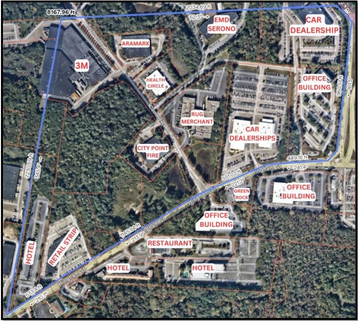 Rockland's MBTA multifamily housing zoning overlay district covers an area with existing commercial developments like 3M and car dealerships, north of Hingham Street and south of Route 3.