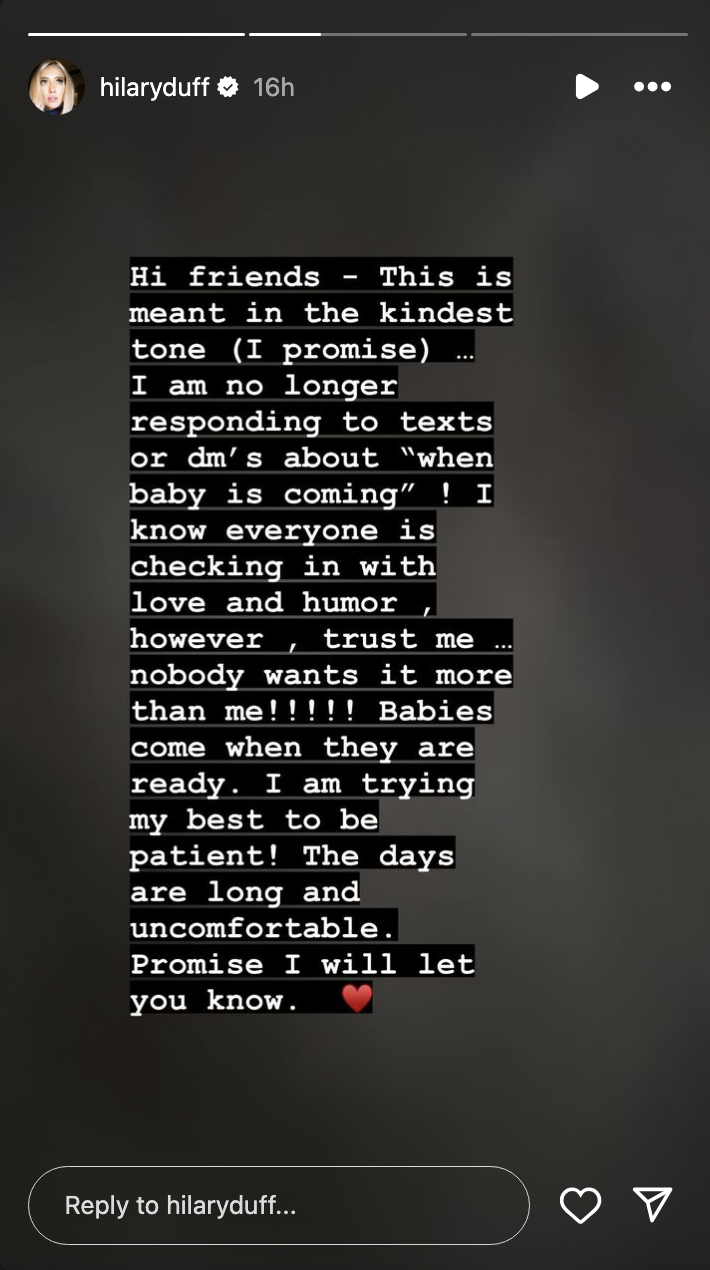 Hilary Duff's Instagram story with a text message about being patient and loving as she awaits the arrival of her baby