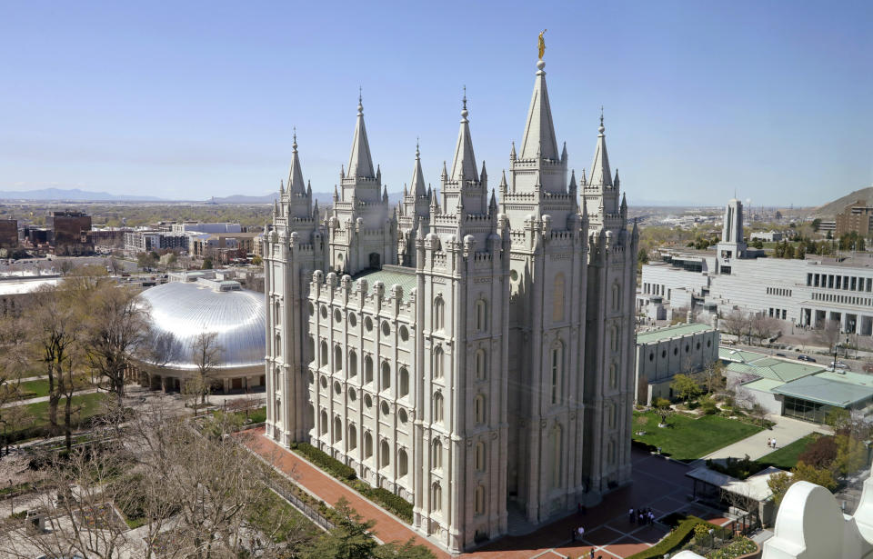 The Salt Lake Temple in Salt Lake City is shown on April 18, 2019. A top Mormon church official learned a former bishop had made a religious confession to details about his relationship with his own daughter when she was a child. Recordings obtained by The Associated Press show that instead of helping prosecutors, the church used a legal playbook that has helped protect itself from sex abuse claims. Today, the former bishop is a free man. (AP Photo/Rick Bowmer, File)