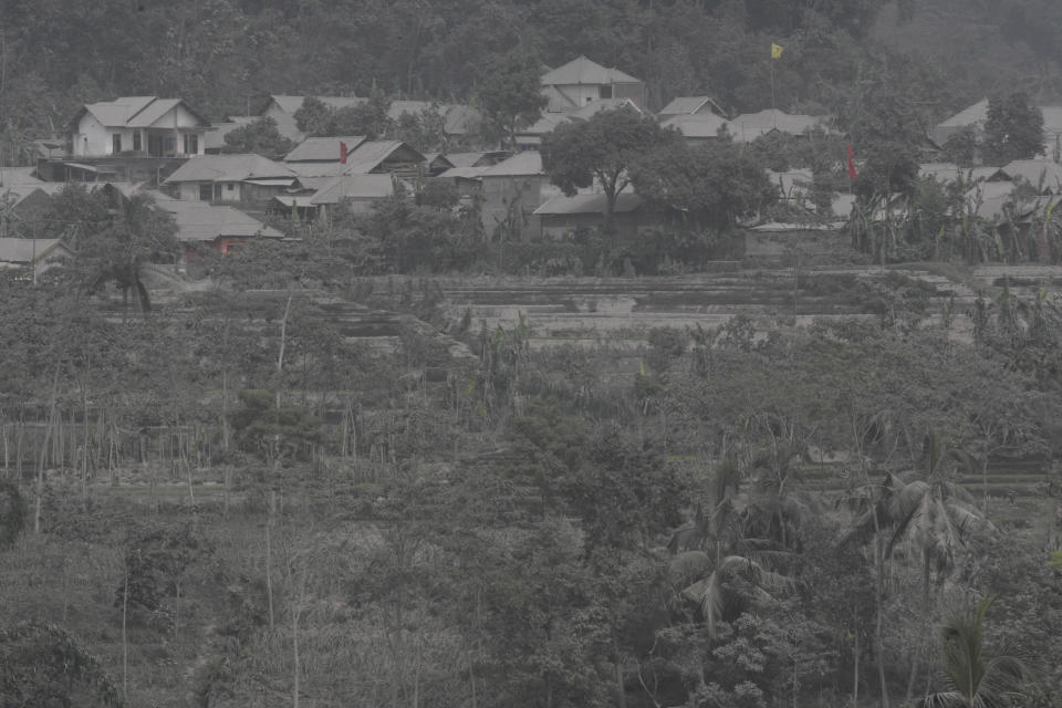 Houses are covered with volcanic ash from an eruption of Mount Kelud in Malang, East Java, Indonesia, Saturday, Feb. 15, 2014. The powerful volcanic eruption on Indonesia's most populous island blasted ash and debris 18 kilometers (12 miles) into the air Friday, forcing authorities to evacuate more than 100,000 and close seven airports. (AP Photo/Trisnadi)