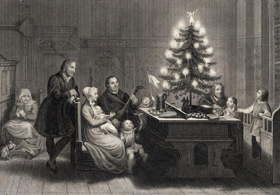 German Protestants sought to replace ornate Nativity scenes with the simpler tree. <a href="https://upload.wikimedia.org/wikipedia/commons/4/47/Martin_Luther%E2%80%99s_Christmas_Tree.jpg" rel="nofollow noopener" target="_blank" data-ylk="slk:Wikimedia Commons;elm:context_link;itc:0;sec:content-canvas" class="link ">Wikimedia Commons</a>