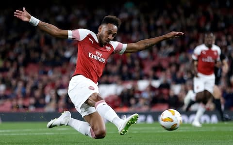 Pierre-Emerick Aubameyang of Arsenal scores his team's first goal during the UEFA Europa League Group E match between Arsenal and Vorskla Poltava - Credit: Henry Browne/Getty Images