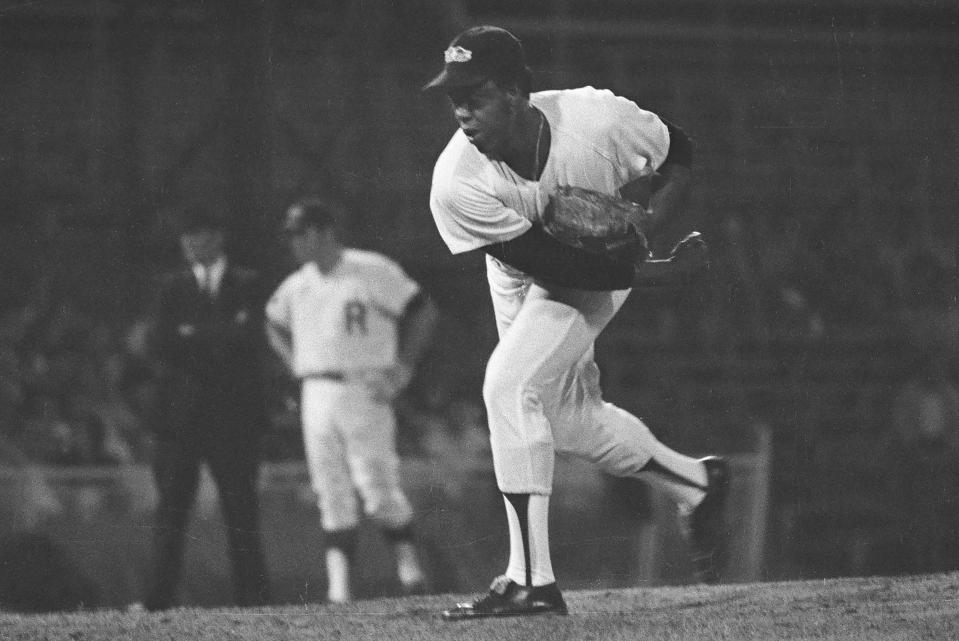 Rochester relief pitcher Orlando Pena is called on during game two of the Triple AAA Junior World Series against Denver at Silver Stadium on Sept. 15, 1971. The Wing won the game 6-4, with Pena pitching the last two innings for the save. 